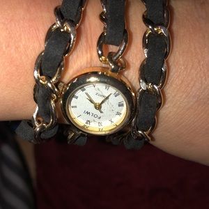 Quartz Black chain Wrap Watch gold and suede w/ lobster clasp
